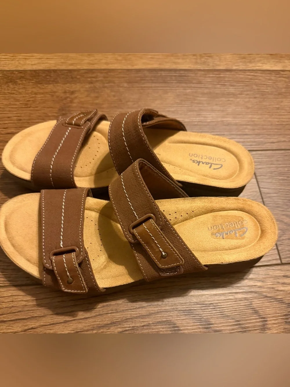 Clarks April Dusk Brown Buckle Comfort Straps Slide Sandals Wedge Women's US 10